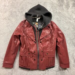 Ethyl Clothing Womens S Maroon Vegan Leather Hooded Jacket Boho Lace Trim Zip